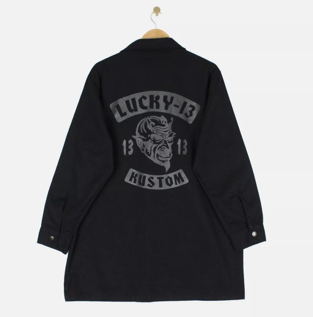 Vintage Lucky 13 Shirt Jacket Black Graphics Print Back USA Made Devil Kustom